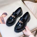 2020 small leather shoes black metal buckle shallow flat chunky loafers patent leather shoes slip-on espadrilles female W40-07
