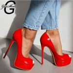 GENSHUO Women's Pumps Platform Stiletto Heels Shoes High Heel Patent Leather Plus Size Party Wedding Shoes Black White Red Nude