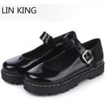 LIN KING Big Size Women Wedge Pumps Solid Patent Leather Platform Shoes Buckle Mary Janes Lolita Shoes Female Office Work Shoes
