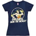 Logoshirt® DC Comics I Wonder Woman I Girls Will Save The World I T-Shirt Print I Damen I kurzärmlig I dunkelblau I Lizenziertes Originaldesign I Größe XS