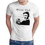 Om3 - Nikola Tesla - T-Shirt Physics Power Nerd Elektric Geek Energie Emo, L, White