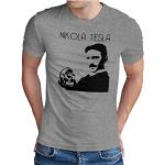 Om3 - Nikola Tesla - T-Shirt Physics Power Nerd Elektric Geek Energie Emo, S, Heather Grey
