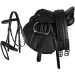 Pony Saddle Set Complete with Saddle Girth, Stirrup Straps and Stirrups | Suitable for Children | Robust and Durable | Lightweight (Black)