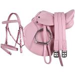 Pony Saddle Set Complete with Saddle Girth, Stirrup Straps and Stirrups | Suitable for Children | Robust and Durable | Lightweight (Pink)