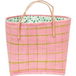 Rice - Raffia Bag with Fabric Closing and Leather Handles - Laukku Koko 35 x 22 x 34 cm - vaaleanpunainen