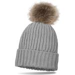 styleBREAKER knitted beanie with large fur pompom and perl rip pattern, warm fleece inner lining, winter hat, women 04024031, color:grey