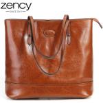 Zency 100% Genuine Leather Fashion Brown Women Shoulder Bag Large Capacity Shopping Bags Black Tote Handbag High Quality Purses